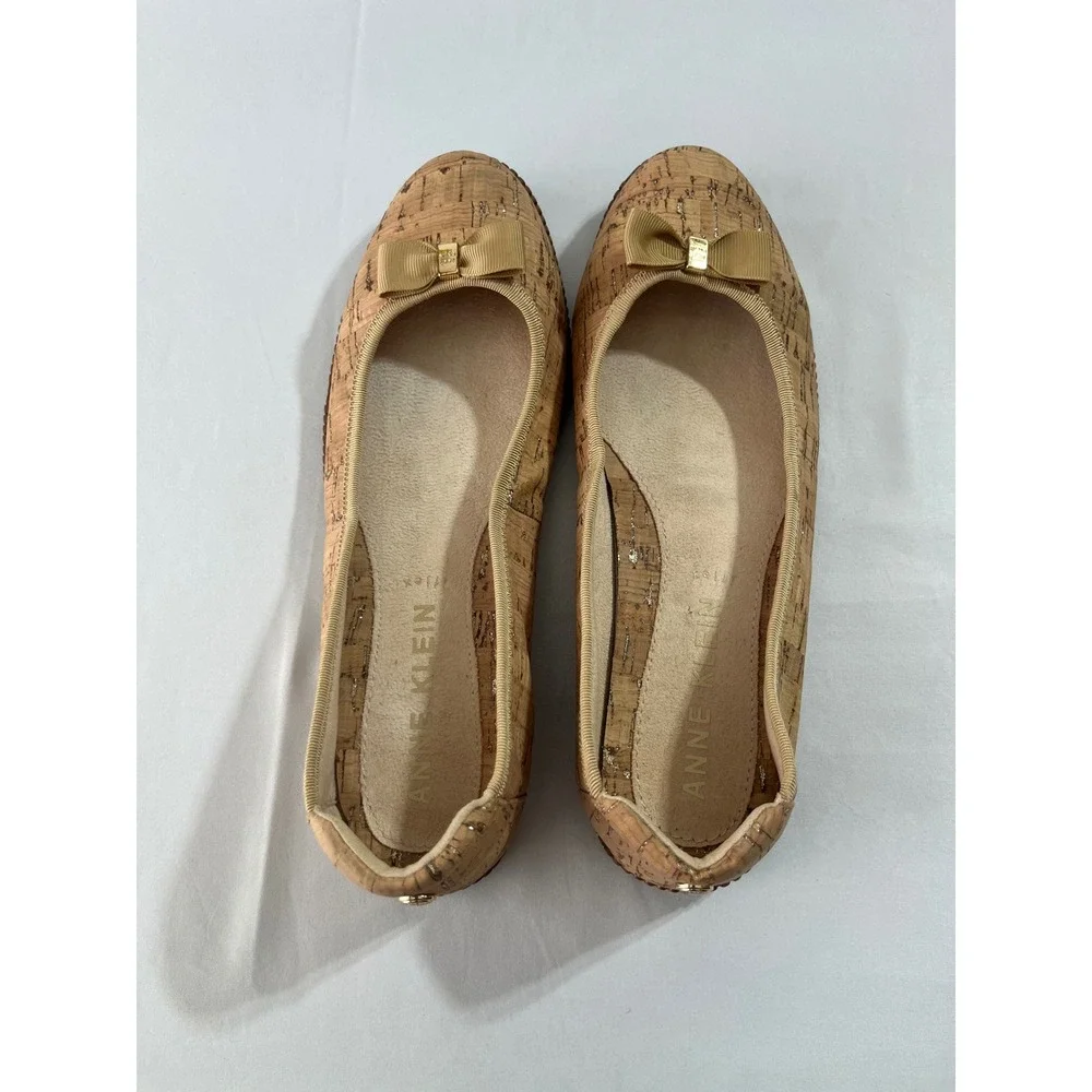 Anne Klein Akeve Cork Ballet Flats Women 8M Gold Metallic Bow Ballet Office Wear
